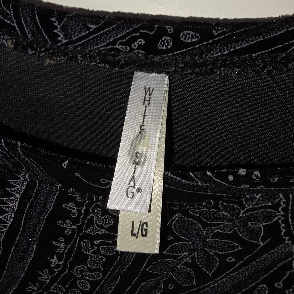White Stag Black Paisley Velvet Long Sleeve Stretch Top Party Shimmer Size L